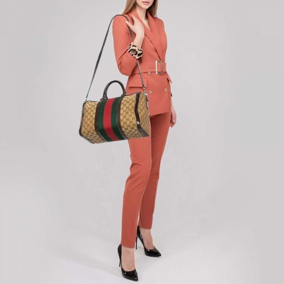 Authentic Gucci GG Canvas Leather Medium Vintage Web Boston Satchel Bag Brown/Be - Picture 3 of 16